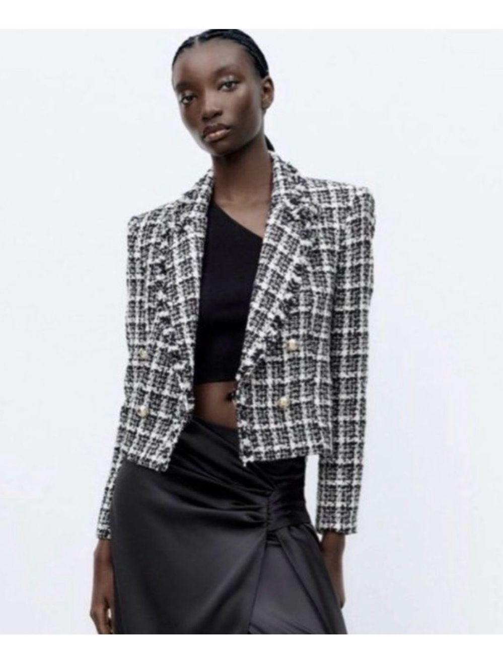 Zara Black and White Tweed Cropped Blazer